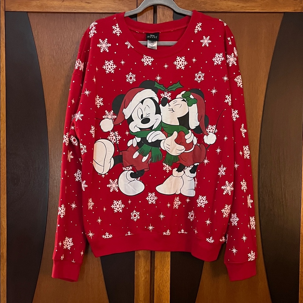 Disney Mickey & Minnie Holiday Red Crewneck Sweatshirt w/White Snowflakes